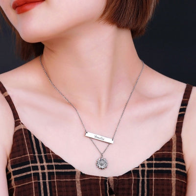 Personalized Sunflower Necklace with Bar in Silver